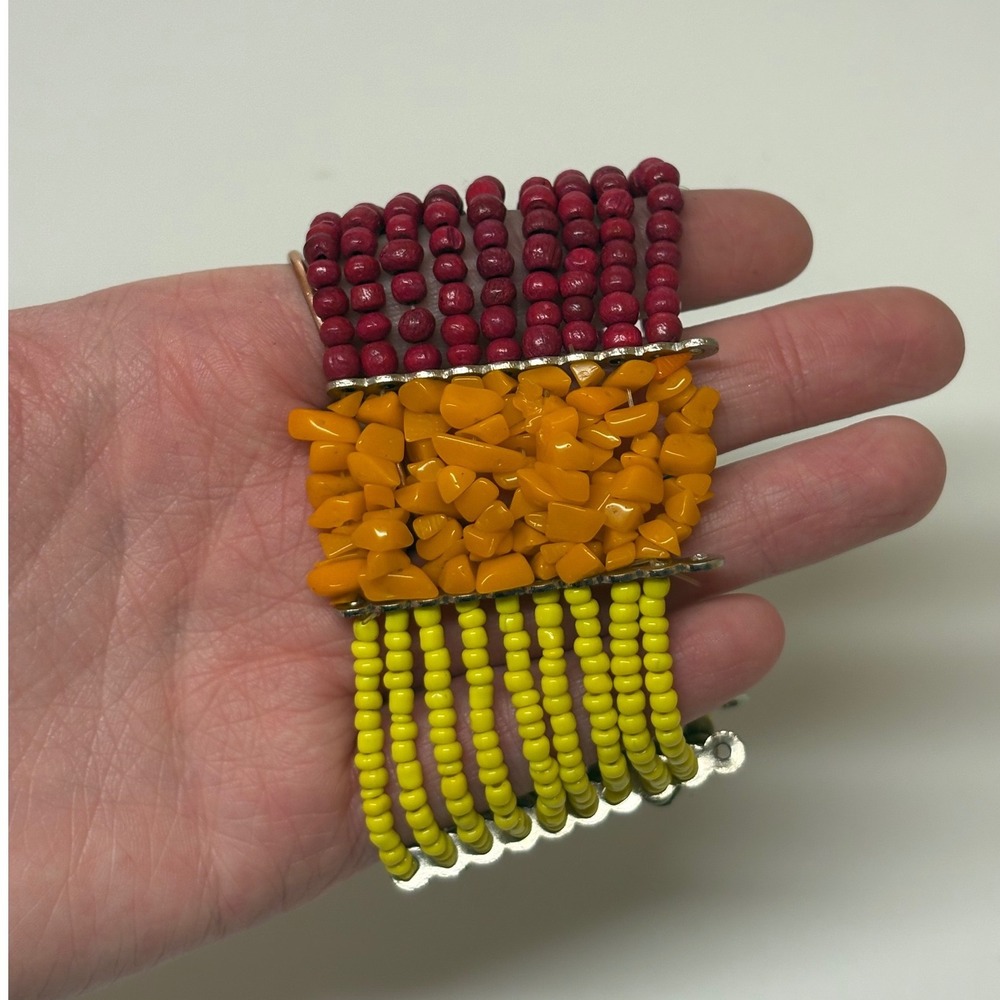 Multicolor Beaded Multi Strand Stretch Cuff Bracelet Chunky Orange Accent